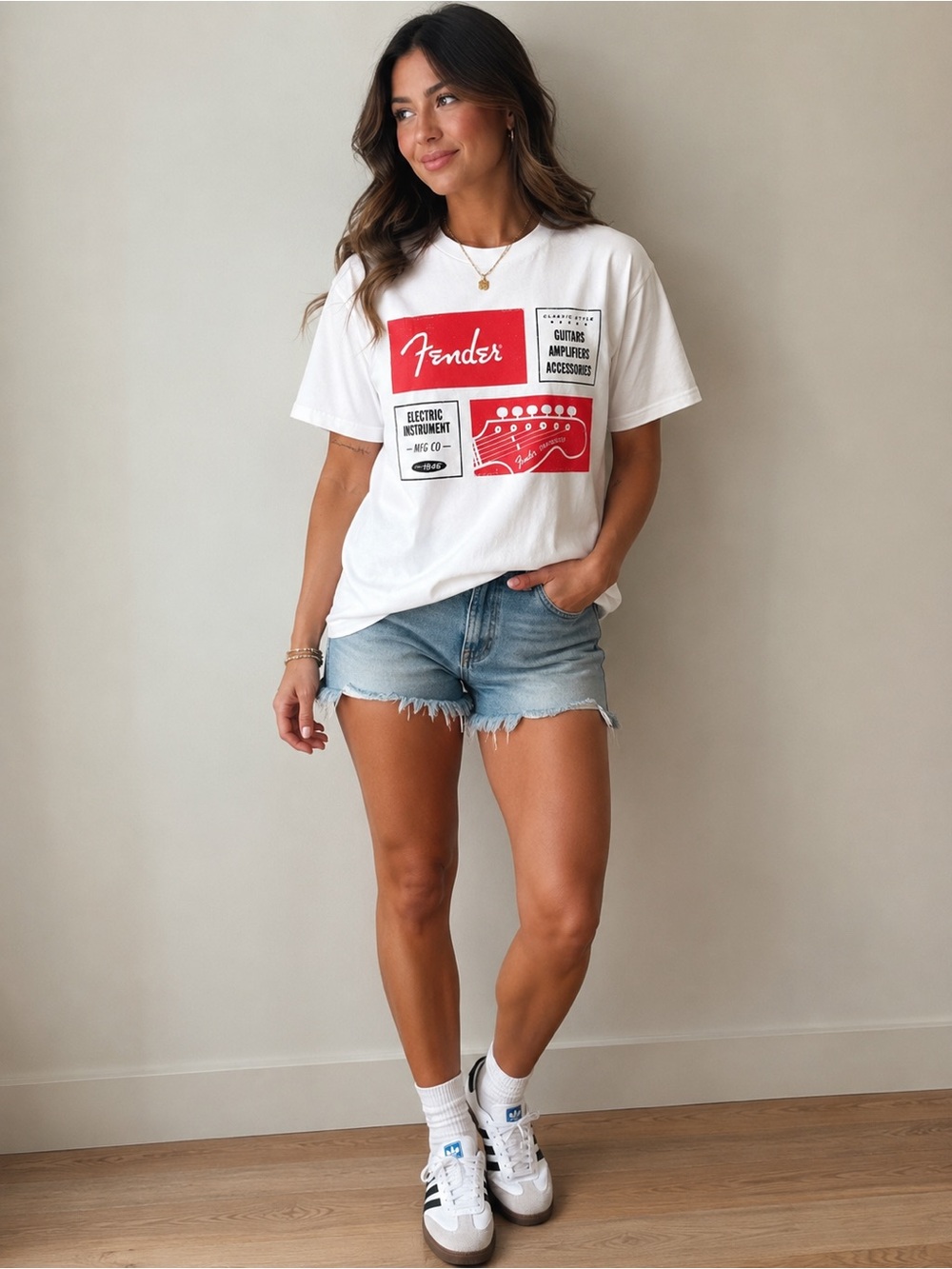 FENDER Electric Instrument White Tee black and red Guitar graphics Unisex